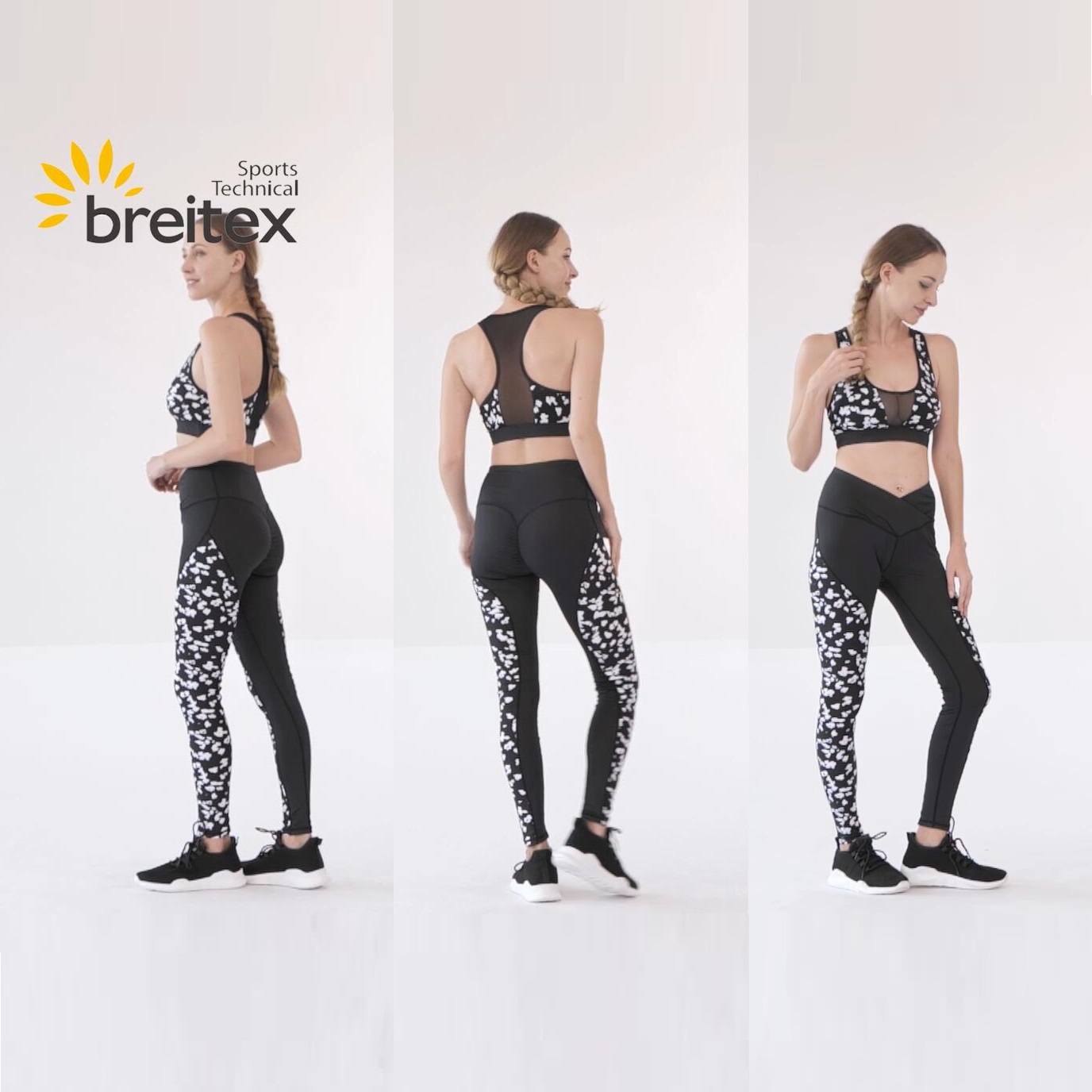 Women's mesh block mid-size sports bra and high waist front cross leggings